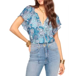 New 🧨 Ramy Brook Carmen Printed Flutter Sleeve Top Blue Flower 🥰