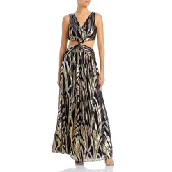 Deals 🔥 Ramy Brook Irene Metallic Printed Cutout Maxi 👗 Dress Black Combo 😍