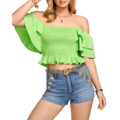 US Ramy Brook Sales 2022 9 Hot Sale ❤️ Ramy Brook Yolanda Smocked Flutter Sleeve Top Capri Green 🔥
