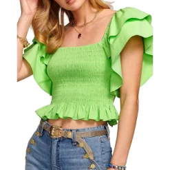 Hot Sale ❤️ Ramy Brook Yolanda Smocked Flutter Sleeve Top Capri Green 🔥 -US Ramy Brook Sales 2022 unnamed file 642