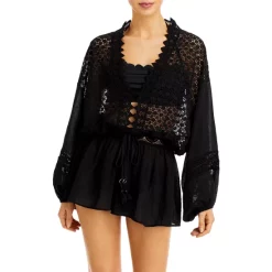 Promo ⌛ Ramy Brook Hilary Crochet Cover Up Romper Black 🎁